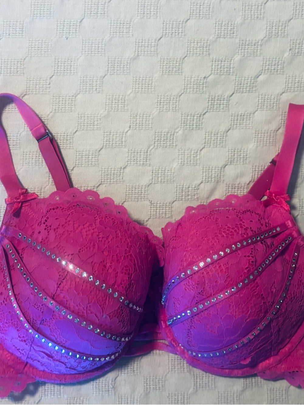 Cacique Hot Pink Lace Bra with Rhinestone Straps